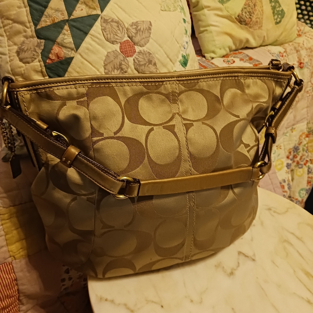 Coach Monogram Canvas Hobo Bag, Tan 2008 Shoulder Bag With Leather Strap